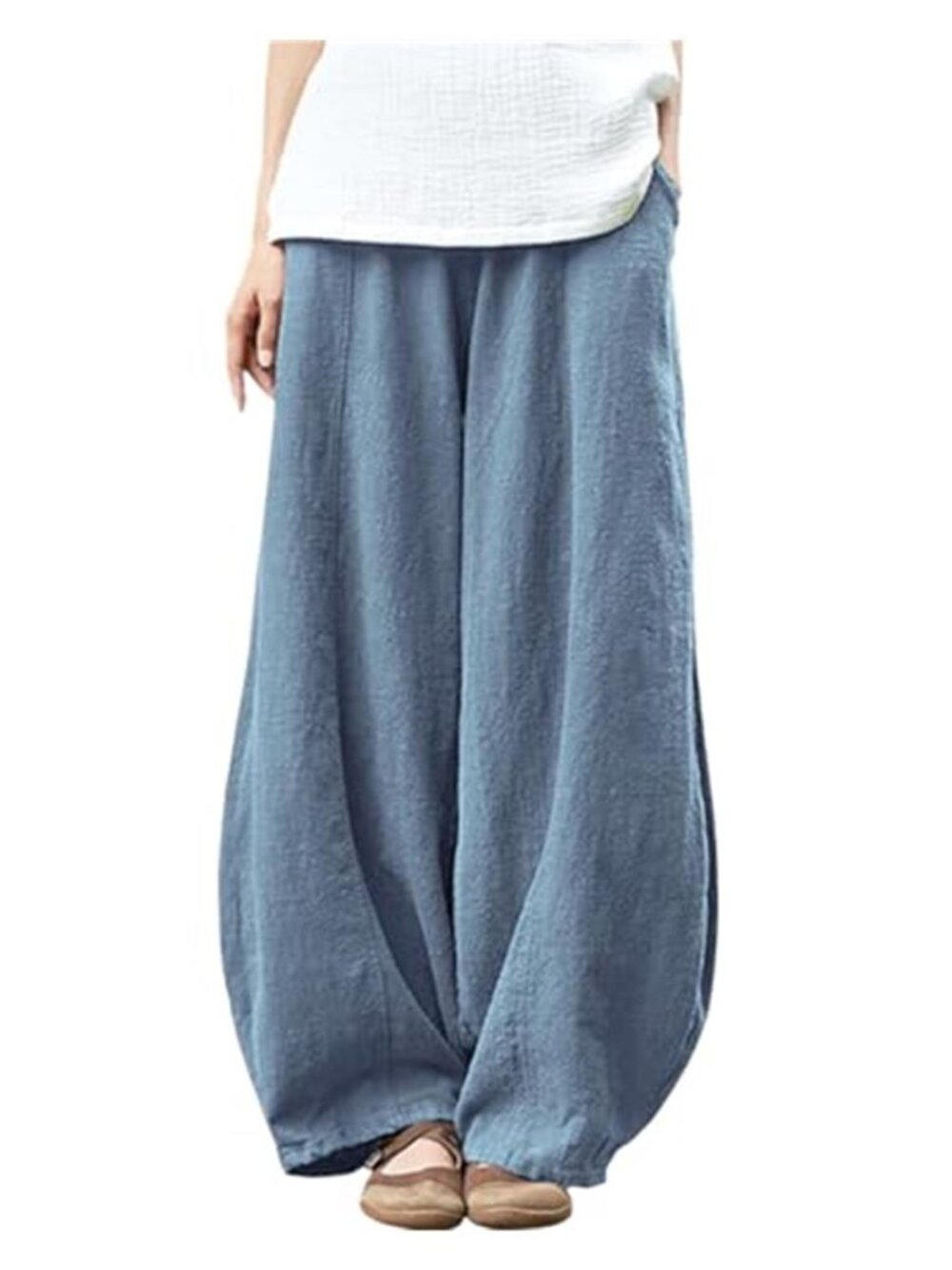 Womens Linen Cotton Wide Leg Pants Elastic Waist Baggy Harem Casual Lounge Pants